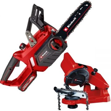 Einhell  GE-LC 18/25-1 Li Kit PXC + GC-CS 85 E - Drujba cu 1 acumulator Li-Ion 18 V 3 Ah 25 cm 4.3 m/s + Masina de ascutit lanturi 85 W 108x23x3.2 mm