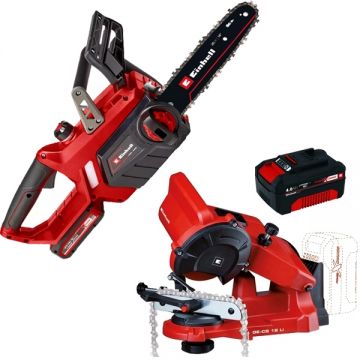 Einhell  GE-LC 18/25-1 Li Kit PXC + GE-CS 18 Li PXC - Drujba cu 1 acumulator Li-Ion 18 V 3 Ah 25 cm 4.3 m/s + Acumulator Li-Ion 18 V 4 Ah + Masina de ascutit lanturi
