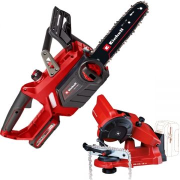 Einhell  GE-LC 18/25-1 Li Kit PXC + GE-CS 18 Li PXC - Drujba cu 1 acumulator Li-Ion 18 V 3 Ah 25 cm 4.3 m/s + Masina de ascutit lanturi