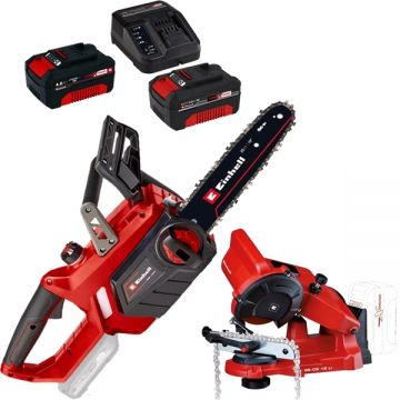 Einhell  GE-LC 18/25 Li PXC + Starter Kit + GE-CS 18 Li PXC - Drujba 25 cm 4.3 m/s + Set 2 acumulatori si incarcator Li-Ion 18 V 4 Ah + Masina de ascutit lanturi