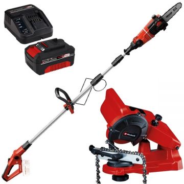 Einhell  GE-LC 18 Li T PXC + Starter Kit + GC-CS 85 E - Drujba 17 cm 3.76 m/s + Set 1 acumulator si incarcator Li-Ion 18 V 4 Ah + Masina de ascutit lanturi 85 W 108x23x3.2 mm