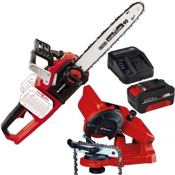 Einhell  GE-LC 36/35 Li PXC + Starter Kit + GC-CS 85 E - Drujba 35 cm 15 m/s + Set 1 acumulator si incarcator Li-Ion 18 V 4 Ah + Masina de ascutit lanturi 85 W 108x23x3.2 mm