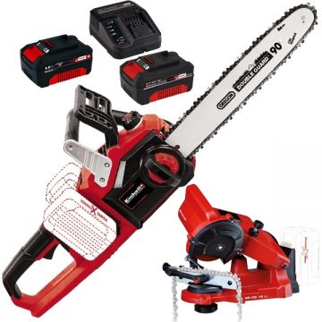 Einhell  GE-LC 36/35 Li PXC + Starter Kit + GE-CS 18 Li PXC - Drujba 35 cm 15 m/s + Set 2 acumulatori si incarcator Li-Ion 18 V 4 Ah + Masina de ascutit lanturi