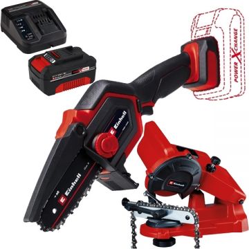 Einhell  GE-PS 18/15 Li BL PXC + Starter Kit + GC-CS 85 E - Drujba 15.8 cm 4.8 m/s + Set 1 acumulator si incarcator Li-Ion 18 V 4 Ah + Masina de ascutit lanturi 85 W 108x23x3.2 mm