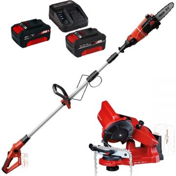 Einhell  GE-PS 18/15 Li BL PXC + Starter Kit + GE-CS 18 Li PXC - Drujba 15.8 cm 4.8 m/s + Set 2 acumulatori si incarcator Li-Ion 18 V 4 Ah + Masina de ascutit lanturi