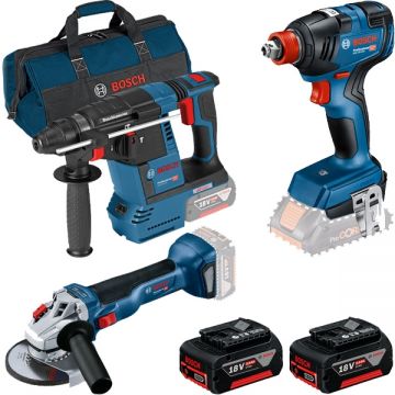 Bosch  GBH 18V-26 + GDX 18V-200 + GWS 18V-10 + GBA + GAL 18V-40 + 1619BZ0100 - Rotopercutor SDS-Plus 2.6 J + Masina de insurubat cu impact patrat 1/2 inch si hexagon interior 1/4 inch 200 Nm M6-M16 + Polizor unghiular 125 mm + Set 2 acumulatori si incarc