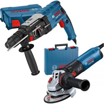 Bosch  GBH 2-28 F + GWS 14-125 S - Rotopercutor SDS-Plus 880 W 3.2 J mandrina interschimbabila valiza plastic + Polizor unghiular cu fir 1400 W 125 mm valiza plastic