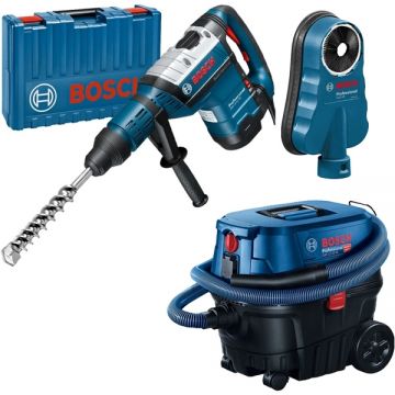 Bosch  GBH 8-45 DV + GDE 68 + GAS 12-25 PL - Rotopercutor SDS-Max 1500 W 12.5 J valiza plastic + Adaptor aspirare scule electrice 68 mm + Aspirator umed-uscat 1250 W 200 mbar 25 l priza scule electrice