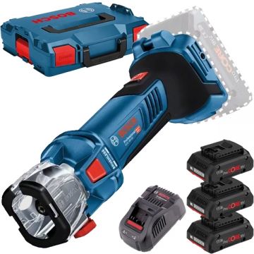 Bosch  GCU 18V-30 + 0615990L1R - Masina de frezat gips-carton 3.17 3.96 6.35 mm + Set 3 acumulatori si incarcator Li-Ion 18 V 4 Ah valiza speciala