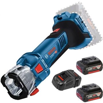 Bosch  GCU 18V-30 + 1600A00B8J - Masina de frezat gips-carton 3.17 3.96 6.35 mm + Set 2 acumulatori si incarcator Li-Ion 18 V 5 Ah
