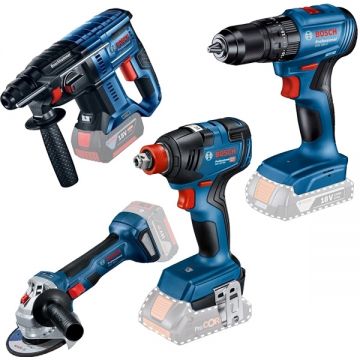 Bosch  GSB 185-LI + GWS 180-LI + GBH 180-LI + GDX 18V-200 - Masina de gaurit si insurubat cu percutie fara acumulatori si incarcator Li-Ion 18 V - Ah 50 Nm valiza plastic + Polizor unghiular 125 mm + Rotopercutor SDS-Plus 2 J + Masina de insurubat cu imp