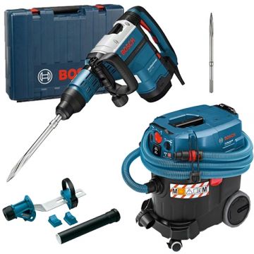 Bosch  GSH 7 VC + GDE MAX + GAS 35 M AFC - Demolator SDS-Max 1500 W 13 J valiza plastic accesorii + Adaptor aspirare scule electrice + Aspirator umed-uscat 1200 W 254 mbar 35 l priza scule electrice