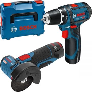 Bosch  GSR 12V-15 + GWS 12V-76 + 1600Z0002X + GAL 12V-40 - Masina de gaurit si insurubat 30 Nm + Polizor unghiular 76 mm + Set 2 acumulatori si incarcator Li-Ion 12 V 2 Ah + Valiza speciala