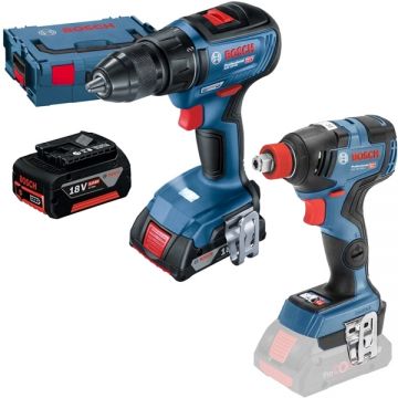 Bosch  GSR 18V-50 + GDX 18V-200 C - Masina de gaurit si insurubat cu 2 acumulatori Li-Ion 18 V 5 Ah 50 Nm valiza speciala + Masina de insurubat cu impact patrat 1/2 inch si hexagon interior 1/4 inch 200 Nm M4-M14