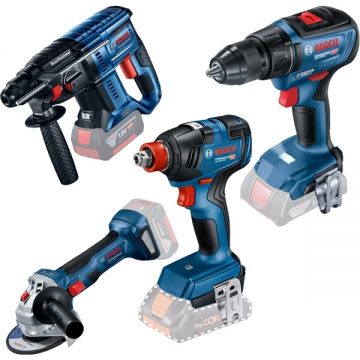 Bosch  GSR 18V-50 + GWS 180-LI + GBH 180-LI + GDX 18V-200 - Masina de gaurit si insurubat fara acumulatori si incarcator Li-Ion 18 V - Ah 50 Nm + Polizor unghiular 125 mm + Rotopercutor SDS-Plus 2 J + Masina de insurubat cu impact patrat 1/2 inch si hexa