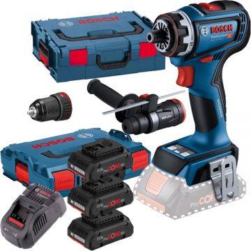 Bosch  GSR 18V-90 FC + 0615990L1R - Masina de gaurit si insurubat 64 Nm valiza speciala accesorii + Set 3 acumulatori si incarcator Li-Ion 18 V 4 Ah valiza speciala