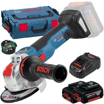 Bosch  GWX 18V-10 SC X-LOCK + 1600A00B8J - Polizor unghiular 125 mm valiza speciala accesorii + Set 2 acumulatori si incarcator Li-Ion 18 V 5 Ah