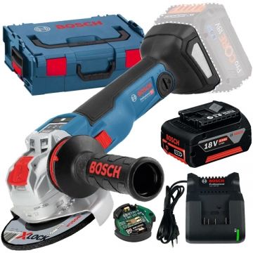 Bosch  GWX 18V-10 SC X-LOCK + GBA + GAL 18V-20 - Polizor unghiular 125 mm valiza speciala accesorii + Set 1 acumulator si incarcator Li-Ion 18 V 4 Ah