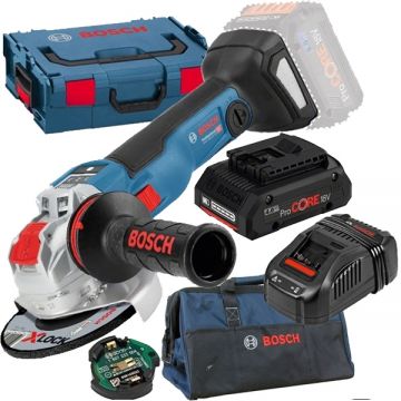 Bosch  GWX 18V-10 SC X-LOCK + ProCORE + GAL 1880 CV + 1619BZ0100 - Polizor unghiular 125 mm valiza speciala accesorii + Set acumulator si incarcator Li-Ion 18 V 4 Ah + Geanta textila