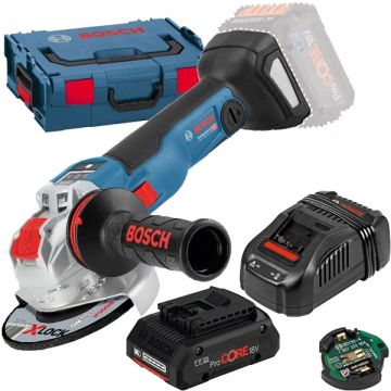 Bosch  GWX 18V-10 SC X-LOCK + ProCORE + GAL 1880 CV - Polizor unghiular 125 mm valiza speciala accesorii + Set acumulator si incarcator Li-Ion 18 V 4 Ah