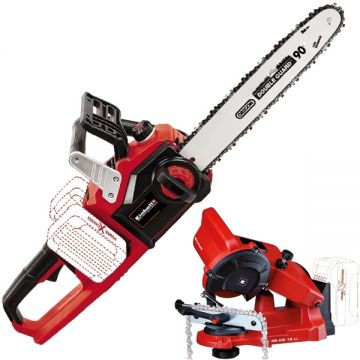 Einhell  GE-LC 36/35 Li + GE-CS 18 Li PXC - Drujba fara acumulatori si incarcator Li-Ion 18 V - Ah 35 cm 15 m/s + Masina de ascutit lanturi