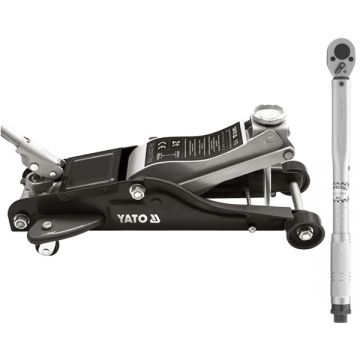 Yato  YT-1720 + YT-0760 - Cric auto hidraulic tip crocodil 359 mm 2 T roti de transport + Cheie dinamometrica cu sistem de prindere 1/2 inch 42-210 Nm declansator