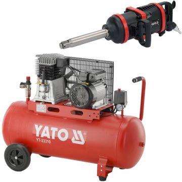 Yato  YT-23310 + YT-09618 - Compresor cu ulei 2200 W 100 l 360 l/min 10 bar + Pistol pneumatic 4800 Nm 10 bar 450 l/min patrat 1 inch