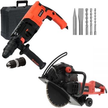 Yato  YT-82158 + YT-82122 - Masina de taiat cu disc diamantat 2600 W 350 mm + Rotopercutor SDS-Plus 850 W 3.3 J valiza plastic accesorii
