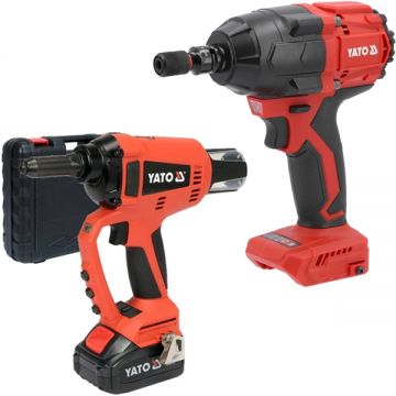 Yato  YT-82955 + YT-827793 - Masina pentru nituri cu 1 acumulator Li-Ion 18 V 3 Ah 10000 N valiza plastic + Masina de insurubat cu impact patrat 1/2 inch 850 Nm