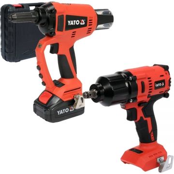 Yato  YT-82955 + YT-828061 - Masina pentru nituri cu 1 acumulator Li-Ion 18 V 3 Ah 10000 N valiza plastic + Masina de insurubat cu impact patrat 1/2 inch 700 Nm
