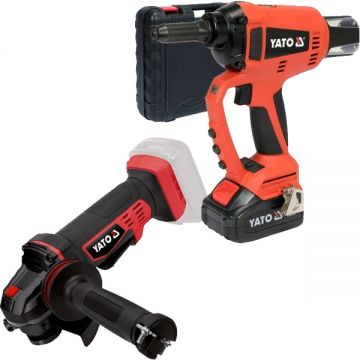 Yato  YT-82955 + YT-82827 - Masina pentru nituri cu 1 acumulator Li-Ion 18 V 3 Ah 10000 N valiza plastic + Polizor unghiular 125 mm
