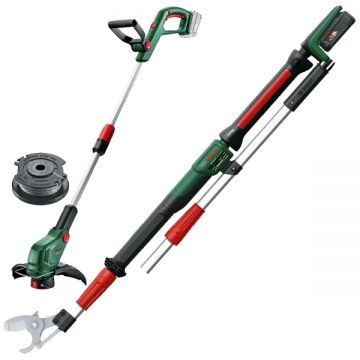 Bosch  AdvancedPrune 18V-45 + UniversalGrassCut 18V-23-450 - Foarfeca de gradina pentru crengi cu 1 acumulator Li-Ion 18 V 2 Ah 45 mm accesorii + Trimmer gazon 230 mm cap cu fir