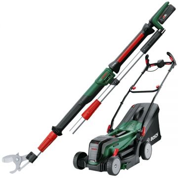 Bosch  AdvancedPrune 18V-45 +UniversalRotak  - Foarfeca de gradina pentru crengi cu 1 acumulator Li-Ion 18 V 2 Ah 45 mm accesorii + Masina de tuns iarba 37 cm 40 l