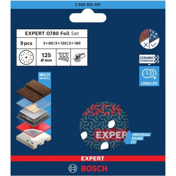 Bosch  EXPERT O780 - Set foi abrazive rotunde 125 mm granulatie mixta 17 gauri 9 bucati