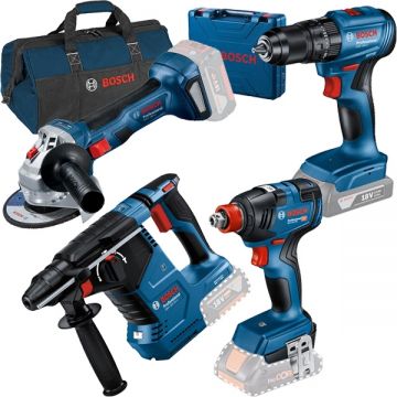 Bosch  GBH 18V-24 C + GDX 18V-200 + GSB 185-LI + GWS 180-LI + 1619BZ0100 - Rotopercutor SDS-Plus 2.4 J + Masina de insurubat cu impact patrat 1/2 inch si hexagon interior 1/4 inch 200 Nm M6-M16 + Masina de gaurit si insurubat cu percutie 50 Nm valiza pla