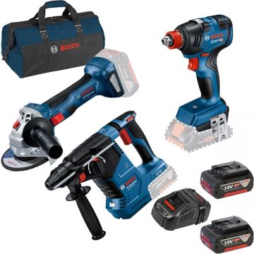 Bosch  GBH 18V-24 C + GDX 18V-200 + GWS 180-LI + 1600A00B8J + 1619BZ0100 - Rotopercutor SDS-Plus 2.4 J +  Masina de insurubat cu impact patrat 1/2 inch si hexagon interior 1/4 inch 200 Nm M6-M16 + Polizor unghiular 125 mm + Set 2 acumulatori si incarcato