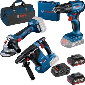 Bosch  GBH 18V-24 C + GSB 185-LI + GWS 180-LI + 1600A00B8J + 1619BZ0100 - Rotopercutor SDS-Plus 2.4 J + Masina de gaurit si insurubat cu percutie 50 Nm valiza plastic + Polizor unghiular 125 mm + Set 2 acumulatori si incarcator Li-Ion 18 V 5 Ah + Geanta