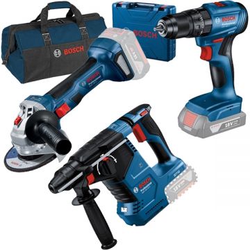 Bosch  GBH 18V-24 C + GSB 185-LI + GWS 180-LI + 1619BZ0100 - Rotopercutor SDS-Plus 2.4 J + Masina de gaurit si insurubat cu percutie 50 Nm valiza plastic + Polizor unghiular 125 mm + Geanta textila