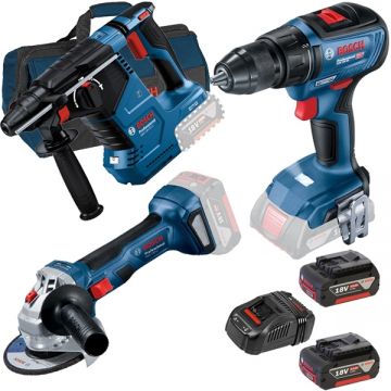 Bosch  GBH 18V-24 C + GSR 18V-50 + GWS 180-LI + 1600A00B8J + 1619BZ0100 - Rotopercutor SDS-Plus 2.4 J + Masina de gaurit si insurubat 50 Nm + Polizor unghiular 125 mm + Set 2 acumulatori si incarcator Li-Ion 18 V 5 Ah + Geanta textila