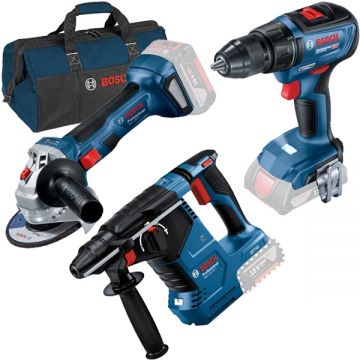 Bosch  GBH 18V-24 C + GSR 18V-50 + GWS 180-LI + 1619BZ0100 - Rotopercutor SDS-Plus 2.4 J + Masina de gaurit si insurubat 50 Nm + Polizor unghiular 125 mm + Geanta textila