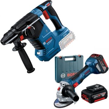 Bosch  GBH 18V-24 C + GWS 180-LI - Rotopercutor SDS-Plus 2.4 J + Polizor unghiular cu 2 acumulatori Li-Ion 18 V 4 Ah 125 mm valiza plastic