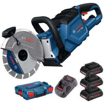 Bosch  GCS 18V-230 + 0615990L1R - Masina de taiat cu disc diamantat 230 mm + Set 3 acumulatori si incarcator Li-Ion 18 V 4 Ah valiza speciala