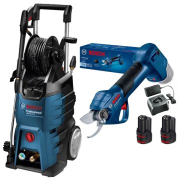 Bosch  GHP 5-75 X + Pro Pruner  - Masina de spalat cu presiune 2600 W 185 bar 9.5 l/min + Foarfeca de gradina pentru crengi cu 2 acumulatori Li-Ion 12 V 3 Ah 25 mm motor fara perii