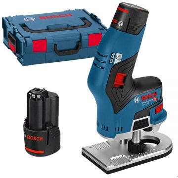 Bosch  GKF 12V-8 - Masina de frezat cu 2 acumulatori Li-Ion 12 V 3 Ah 8 mm motor fara perii reglaj fin pornire lina valiza speciala