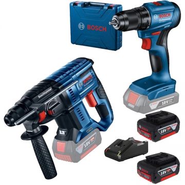 Bosch  GSR 185-LI + GBH 180-LI + 1600A019S0 - Masina de gaurit si insurubat 50 Nm valiza plastic + Rotopercutor SDS-Plus 2 J + Set 2 acumulatori si incarcator Li-Ion 18 V 4 Ah