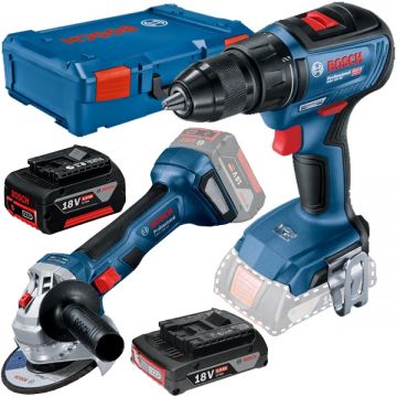 Bosch  GWS 180-Li + GSR 18V-50 - Polizor unghiular 125 W + Masina de gaurit si insurubat 50 Nm + Acumulator Li-Ion 18 V 2 Ah + Acumulator Li-Ion 18 V 5 Ah + Incarcator + Valiza speciala XL-BOXX