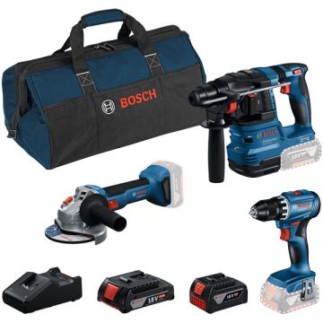 Bosch  GWS 18V-8 + GSR 18V-45 + GBH 18V-22 - Masina de gaurit si insurubat + Rotopercutor SDS-Plus + Polizor unghiular 125 mm + Acumulator Li-Ion 18 V 2 Ah + Acumulator Li-Ion 18 V 4 Ah + Incarcator + Geanta textila