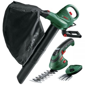 Bosch  UniversalGardenTidy 2300 + Isio - Suflanta de gradina 2300 W 576 m3/h + Masina de tuns gard viu cu 1 acumulator Li-Ion 3.6 V 1.5 Ah 12 cm accesorii