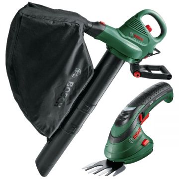 Bosch  UniversalGardenTidy 2300 + Isio - Suflanta de gradina 2300 W 576 m3/h + Masina de tuns gard viu cu 1 acumulator Li-Ion 3.6 V 1.5 Ah 8 cm