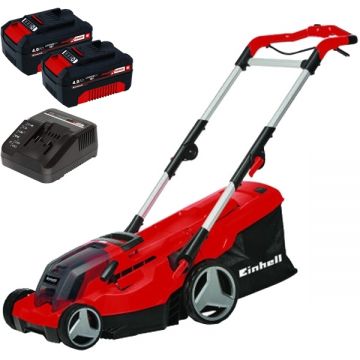 Einhell  GE-CM 36/37 Li PXC + Twinpack + 4514095 - Masina de tuns iarba 37 cm 45 l + Set 2 acumulatori si incarcator Li-Ion 18 V 4 Ah